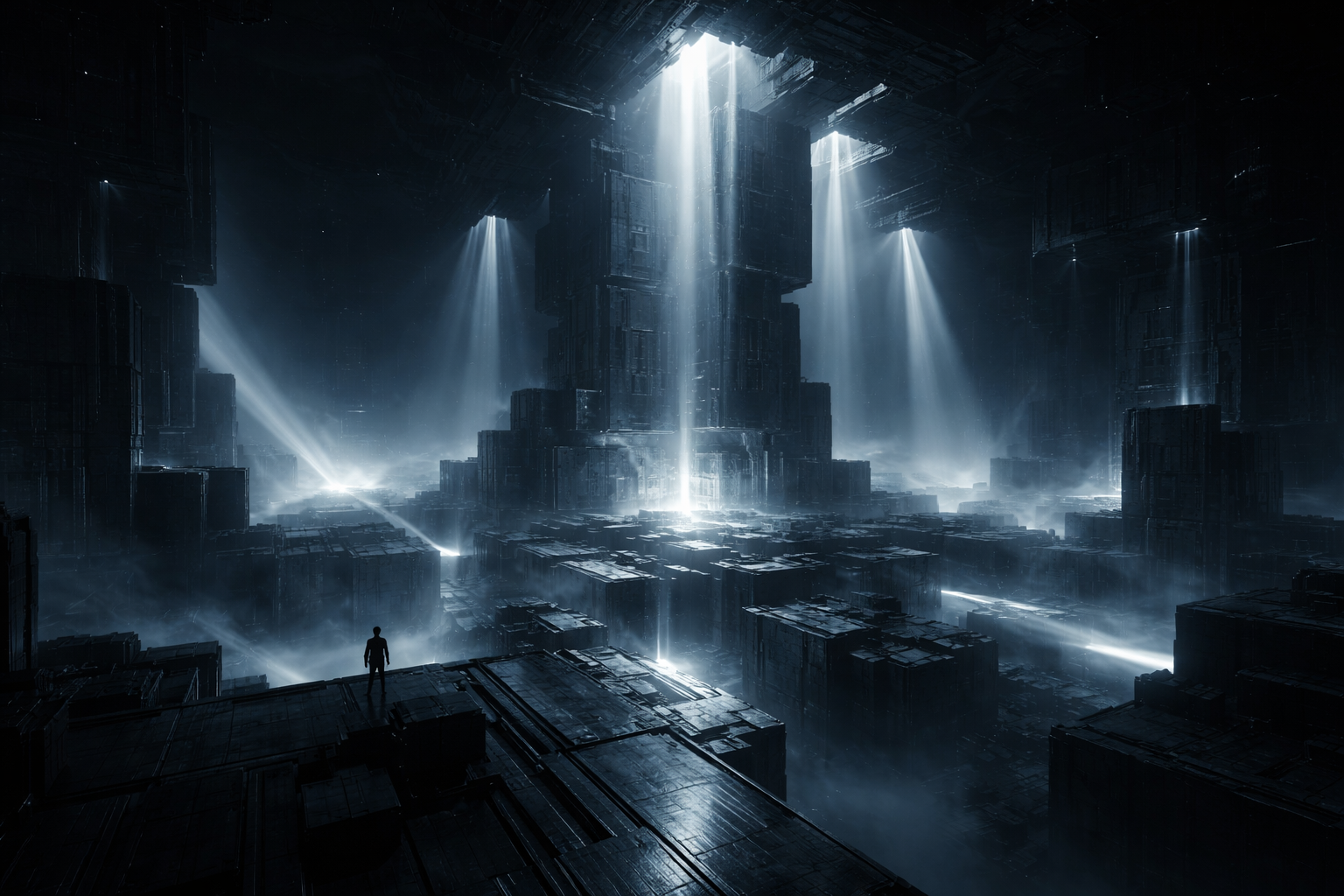 Cyfrowa architektura w animacji 3D — monumentalne konstrukcje w ciemnej przestrzeni