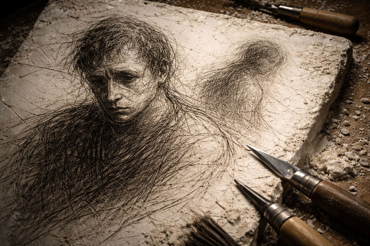 Gipsowa płyta z wyrytymi rysunkami — technika animacji destrukcyjnej Piotra Dumały