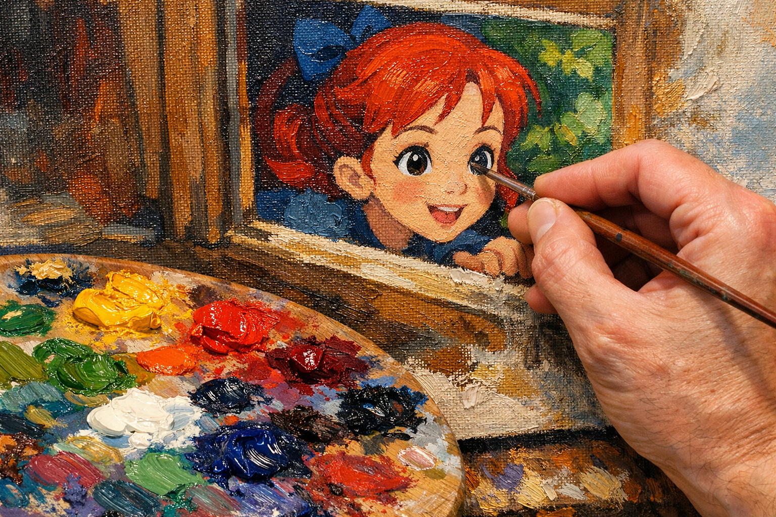 Malowanie klatki animacji farbami olejnymi na płótnie — zbliżenie na pociągnięcia pędzla