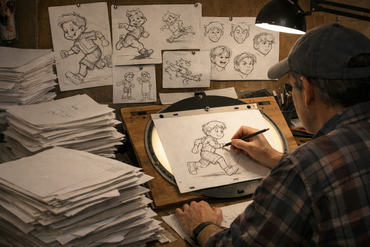 Pracownia rysunku animacyjnego — ręczne szkice i stosy klatek na biurku artysty