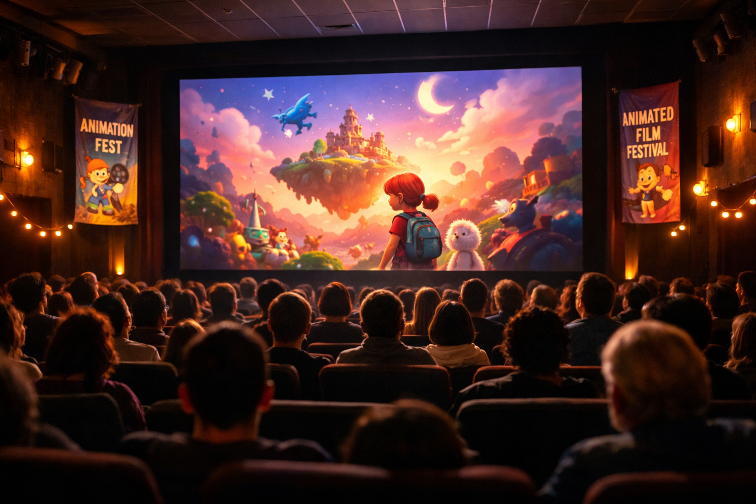 Widownia na festiwalu filmów animowanych — ciemna sala kinowa z ekranem