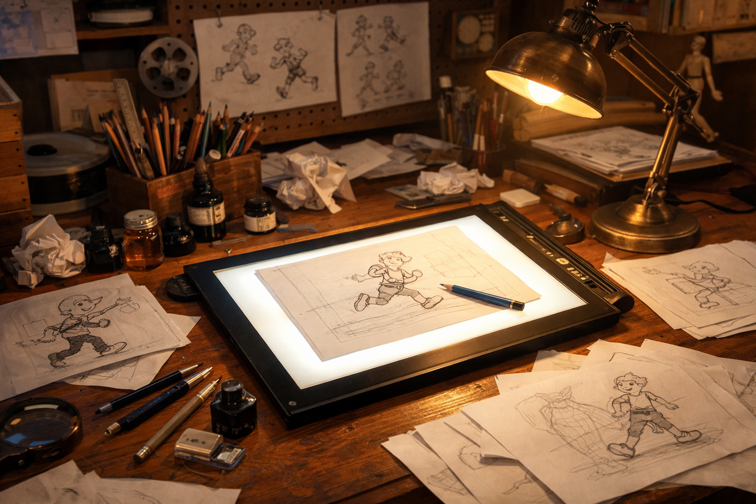 Pracownia animacji — biurko twórcy z narzędziami do rysunku i montażu