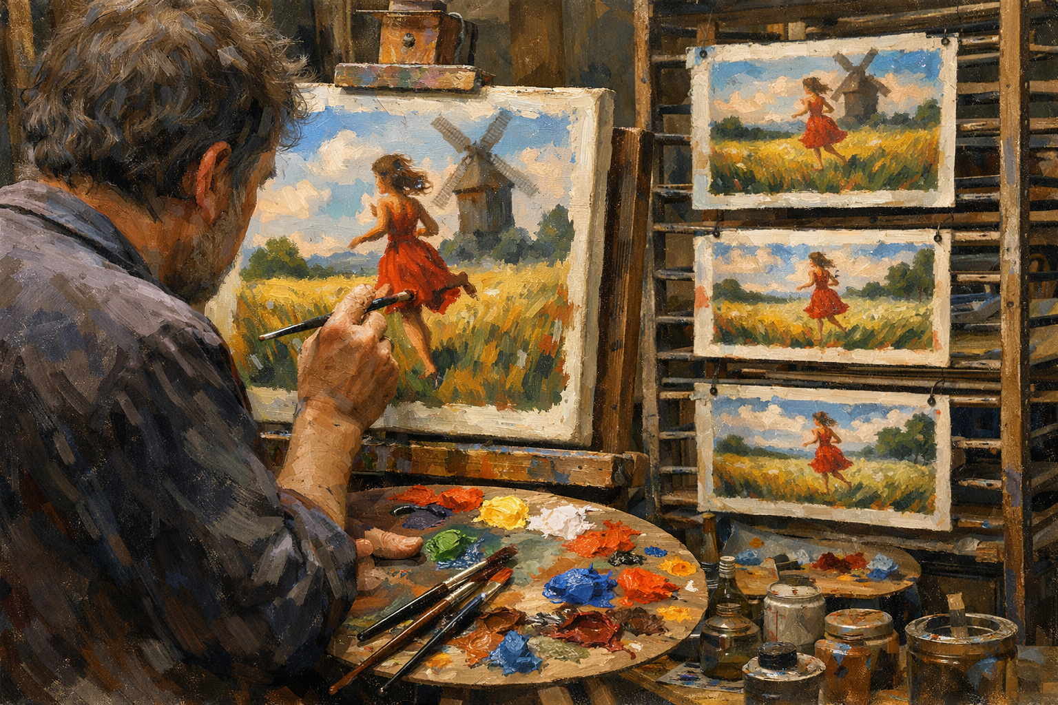 Malowanie klatki animacji farbami olejnymi na płótnie