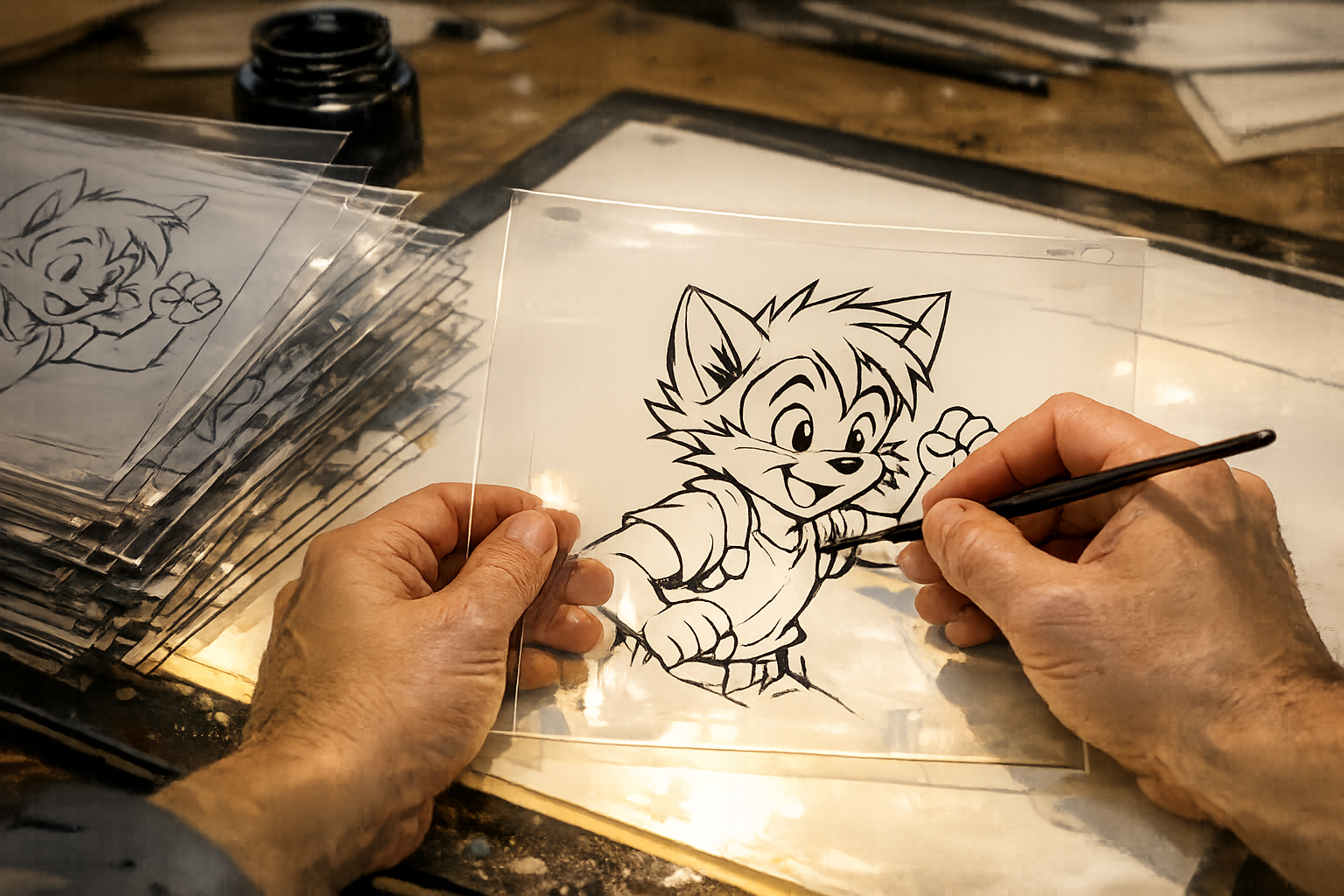 Ręczne rysowanie klatek animacji na folii celuloidowej