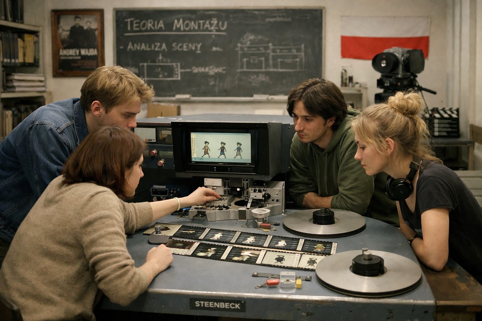 Studenci szkoły filmowej przy stole montażowym — edukacja filmowa w Polsce