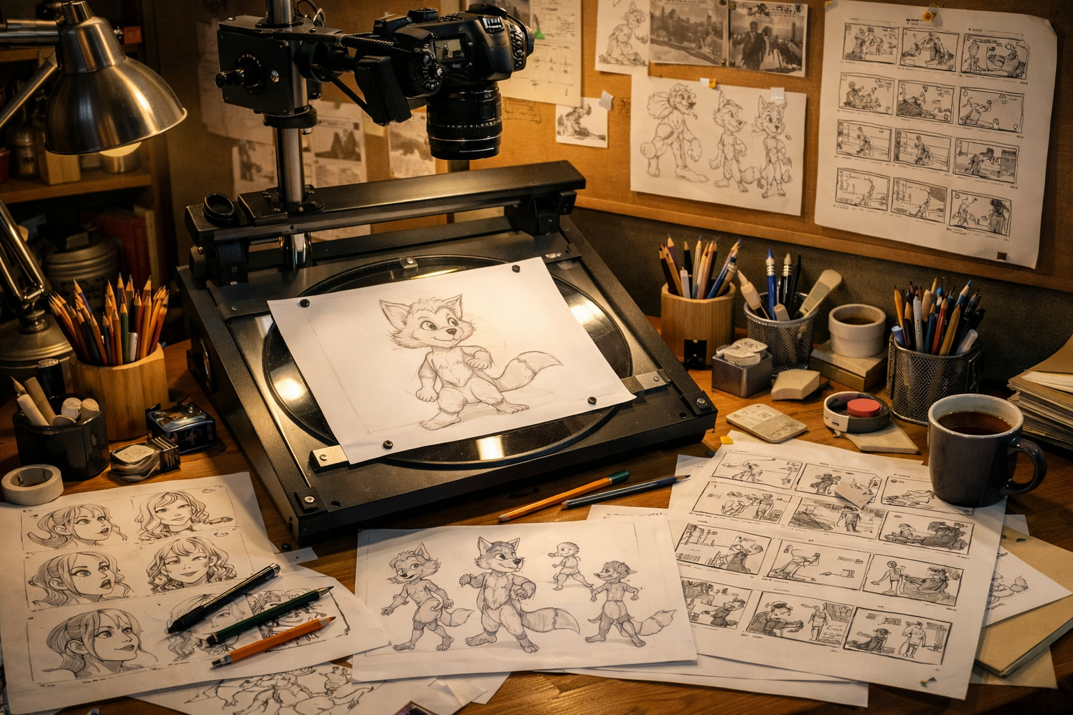 Pracownia animatora — biurko ze szkicami, narzędziami i stojakiem do animacji